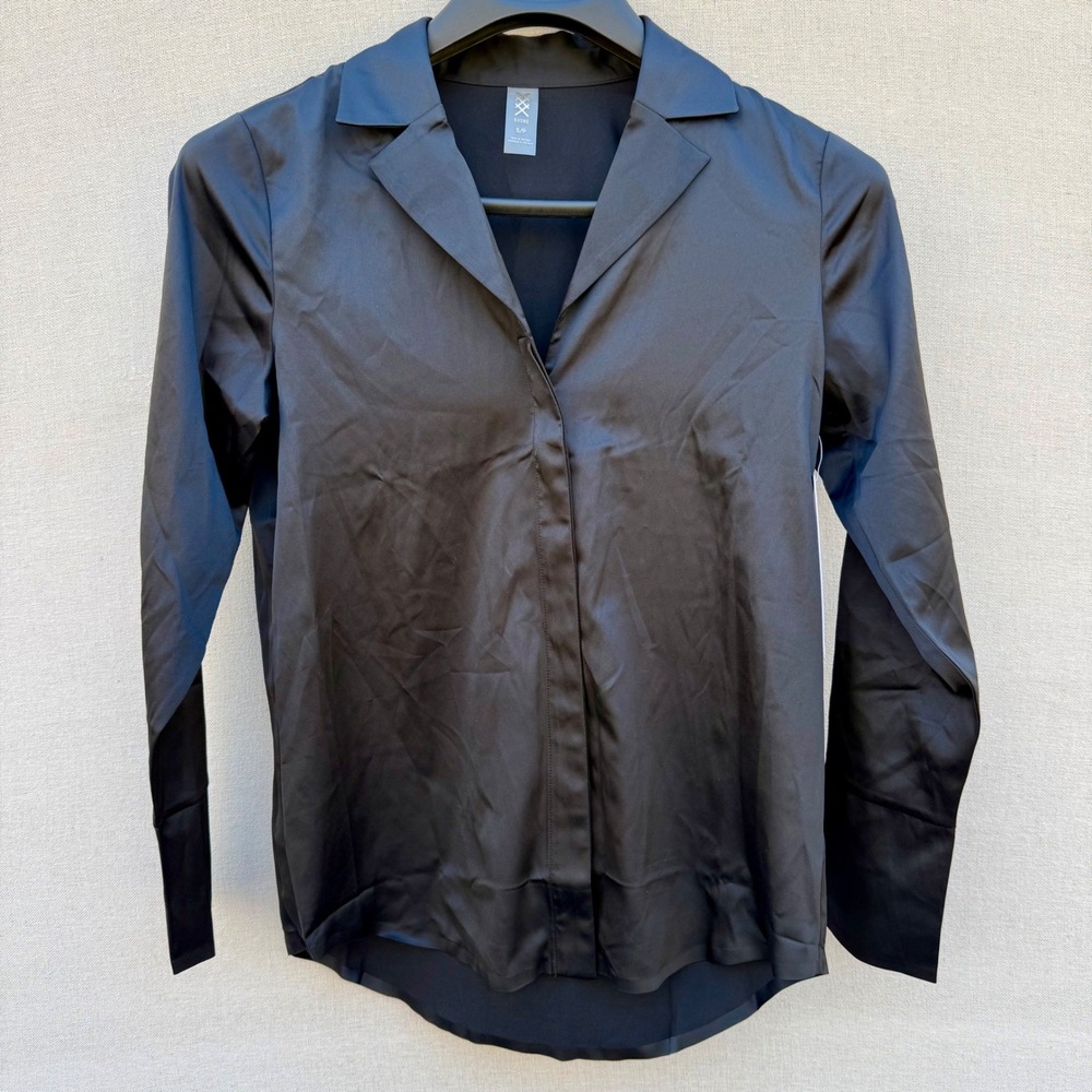 Rhone Women's Party Blouse Black Performance Stretch Satin Notch Collar S NEW